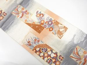 短冊に鳳凰・花模様織り出し　袋帯